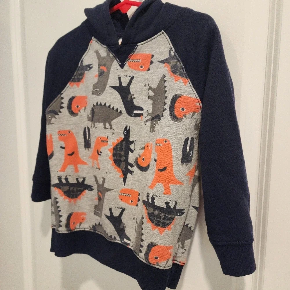 Kid's 3T Navy Blue Gray Dinosaur Print Raglan Pullover Hoodie Animal Spring Fall